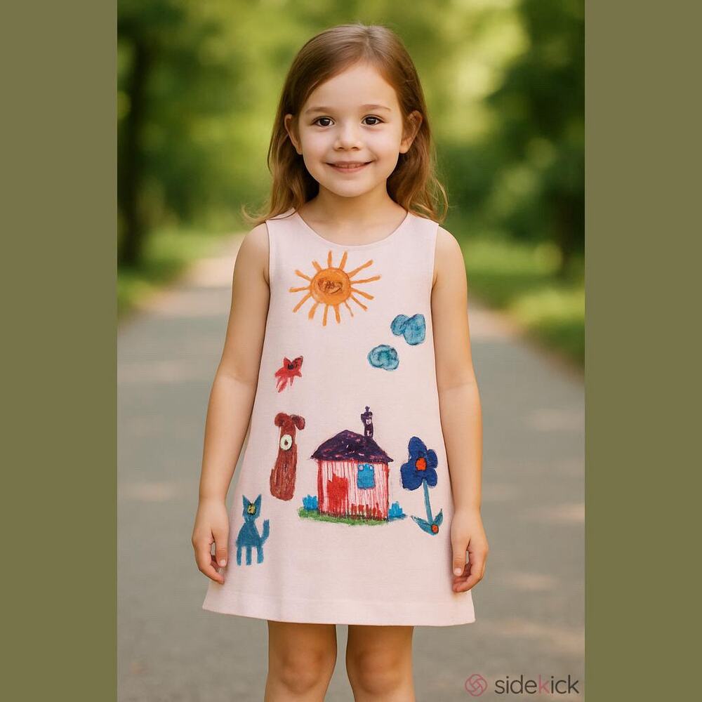 Binx Kids Girls Dress 4 Pink Drawing Dog Cat Flower House Sun Clouds NEW Shift
